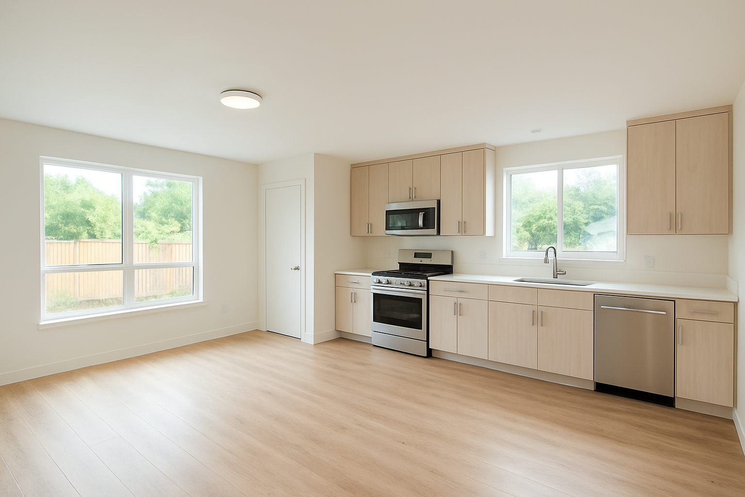 Finished interior of a new ADU built by professional southern California ADU builders showing modern open-plan kitchen and living space