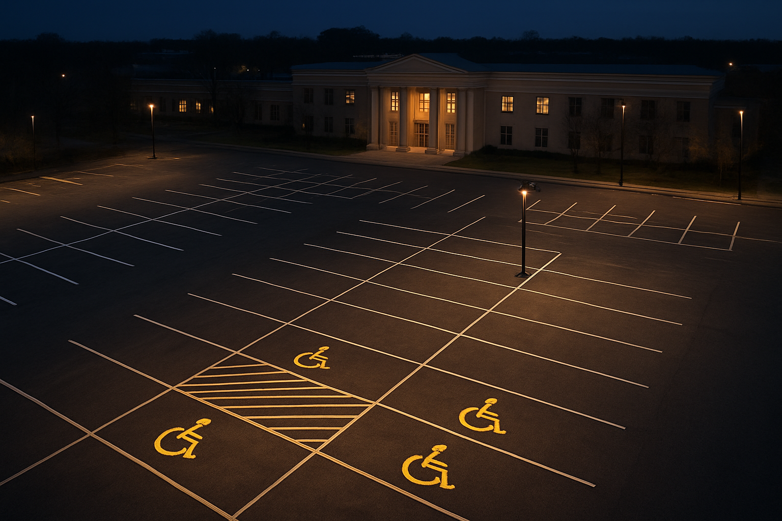 Aerial evening view of a municipal government complex parking lot with compliant ADA and stall markings