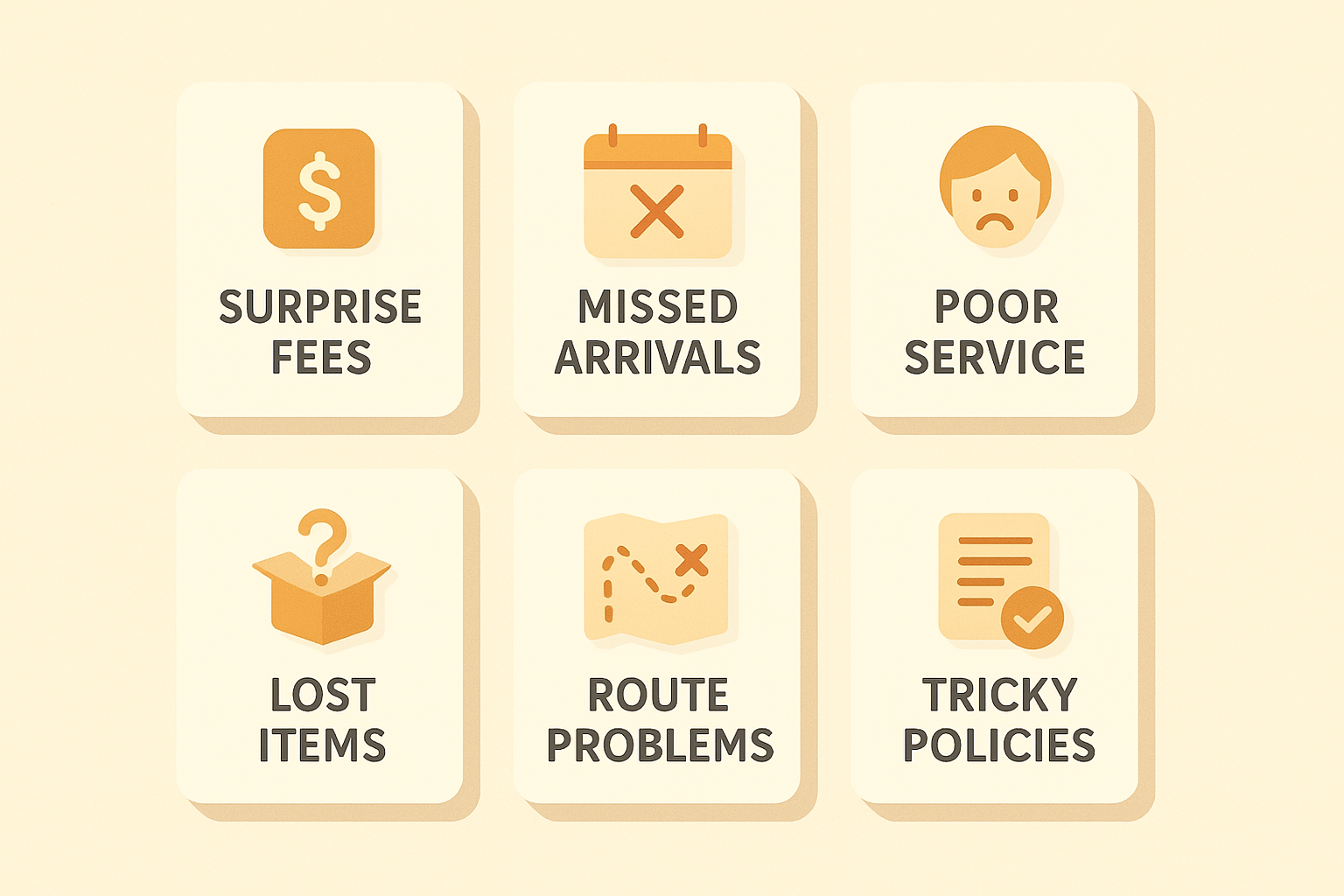 Six labeled cards representing common competitor weakness themes found in home service reviews