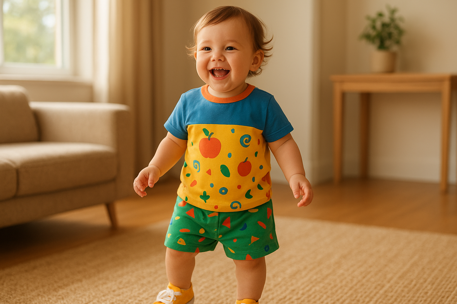 Toddler wearing a new outfit from a children's clothing subscription box in a bright living room