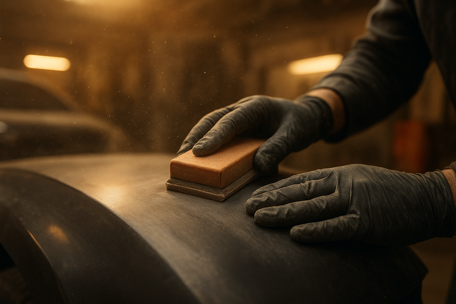 Technician performing quality auto body repairs on a car panel in a repair workshop