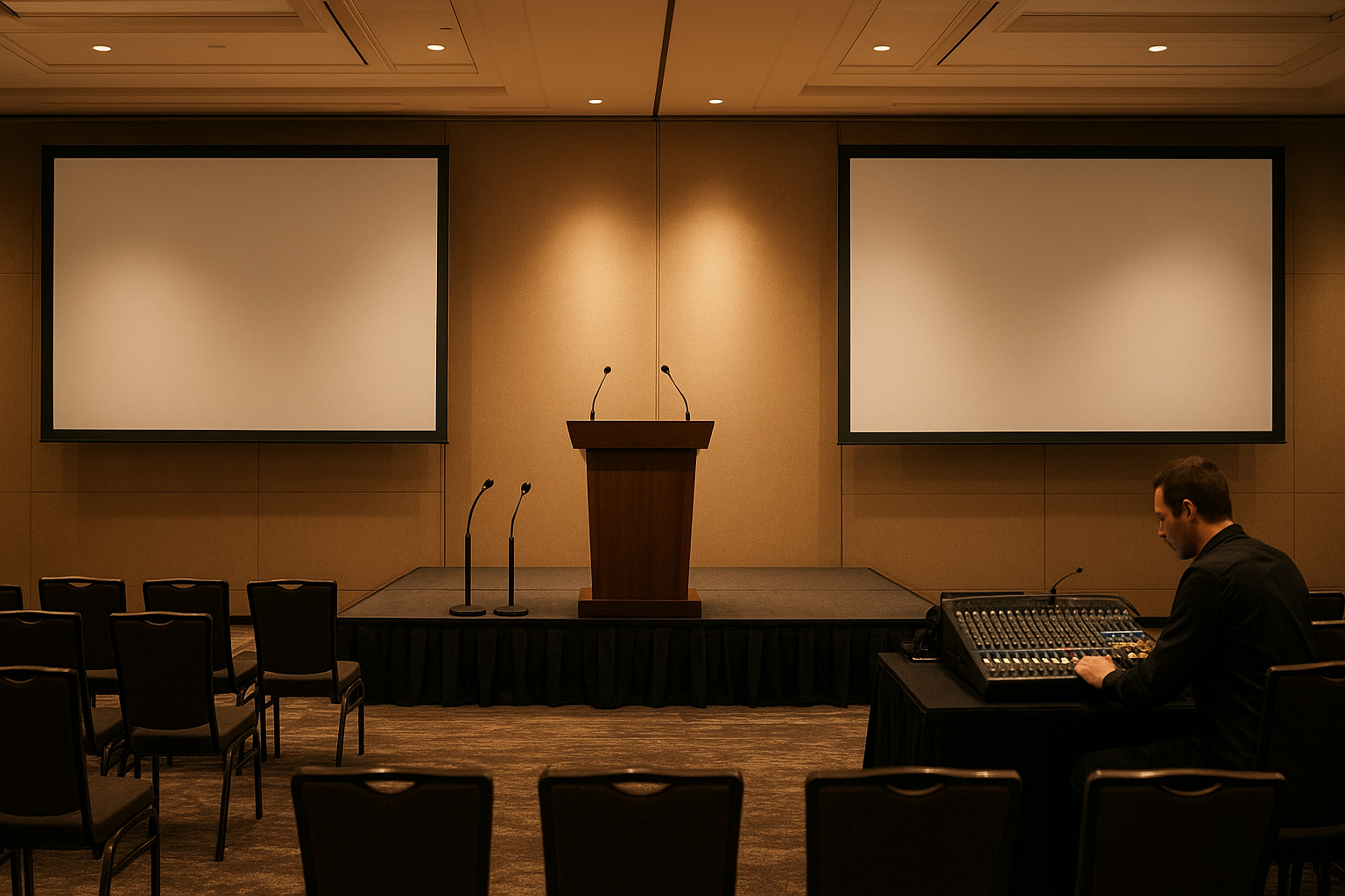 AV technician preparing screens and sound for a corporate event, illustrating corporate event AV rental cost Owensboro planning