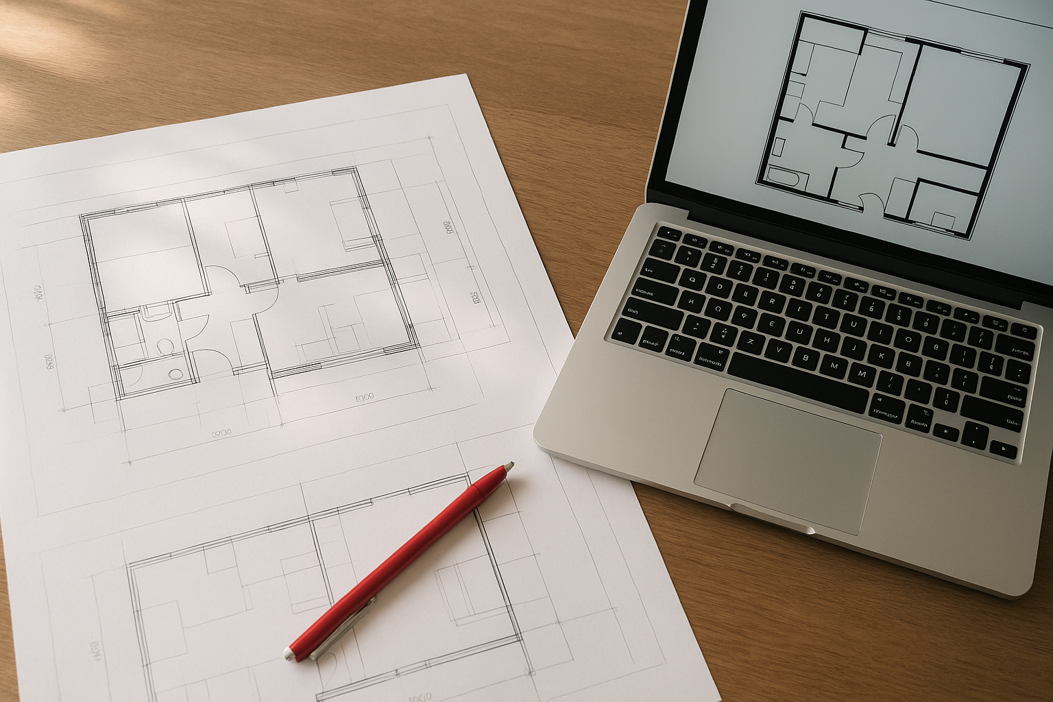 Desk with ADU blueprints representing adu permitting services southern california