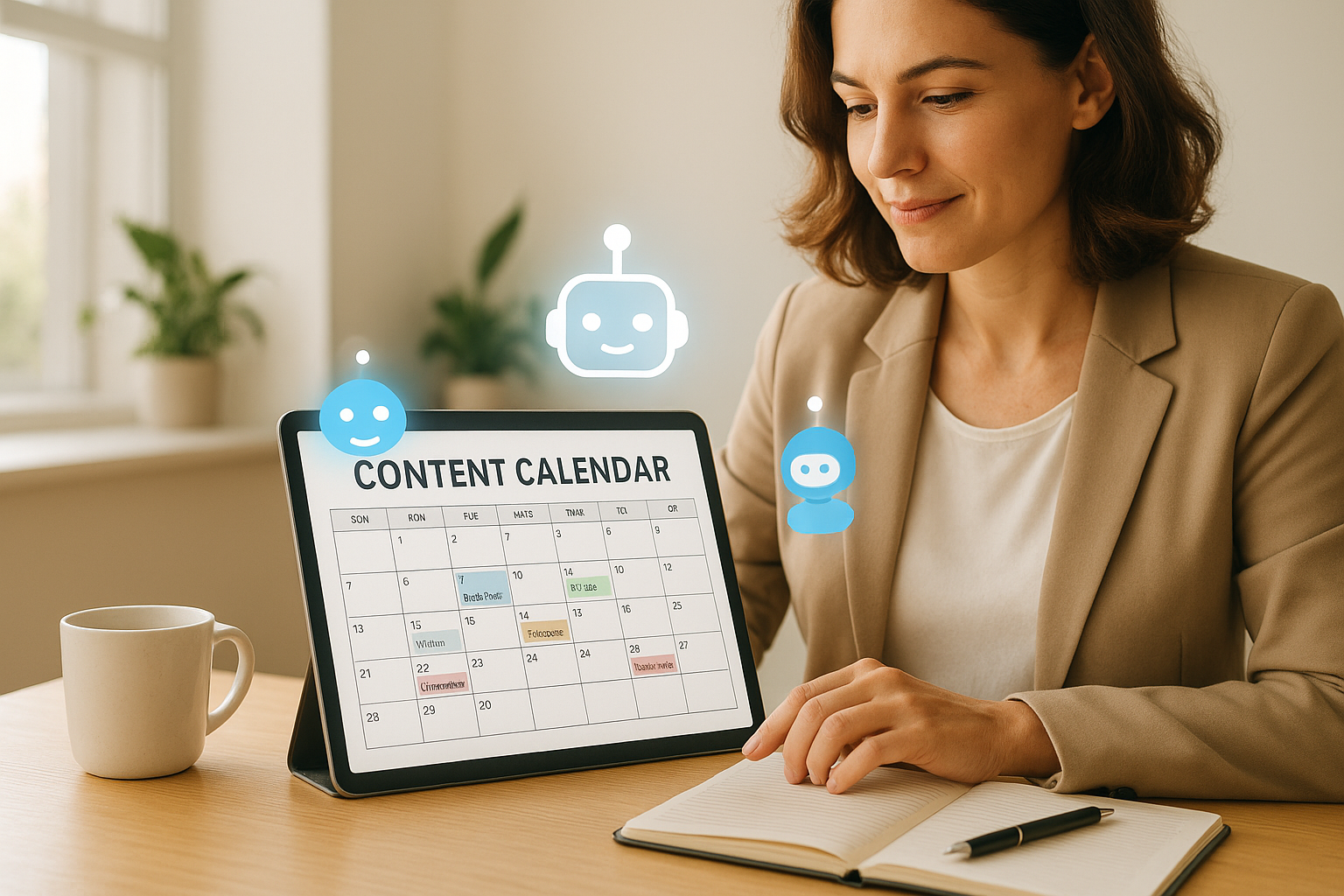 Marketer reviewing an AI-powered content refresh calendar for continuous SEO improvements