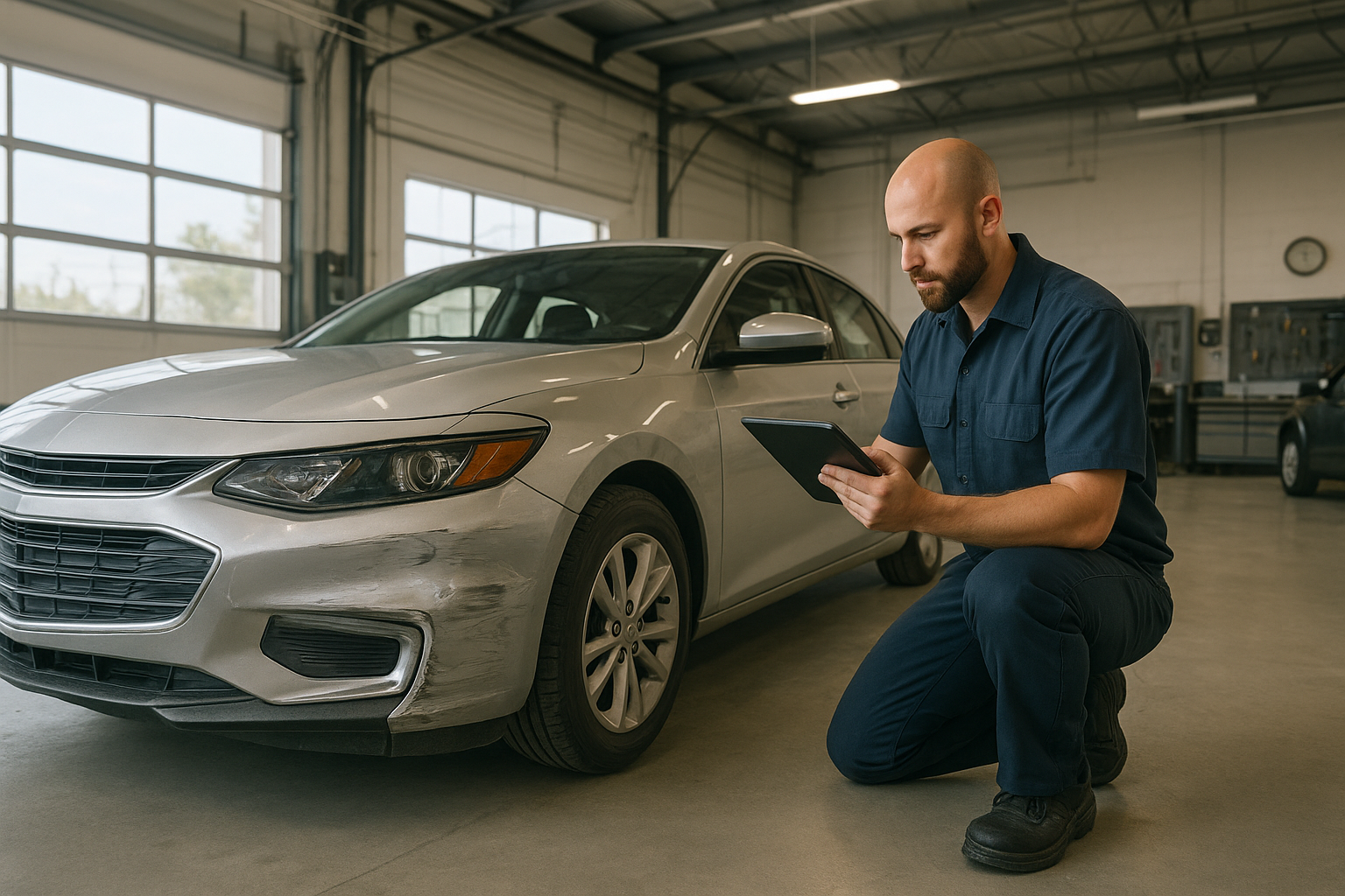 Technician estimating how much collision repair cost on a sedan at a modern auto body shop