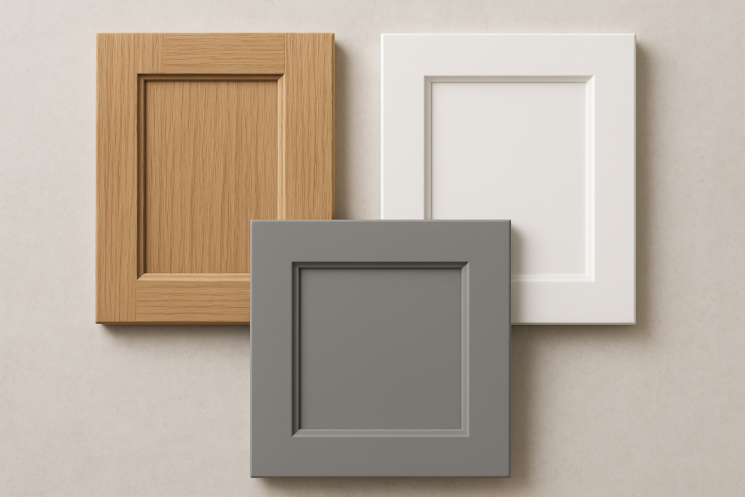 Cabinet refacing material samples including wood veneer, thermofoil, and laminate options for a kitchen renovation