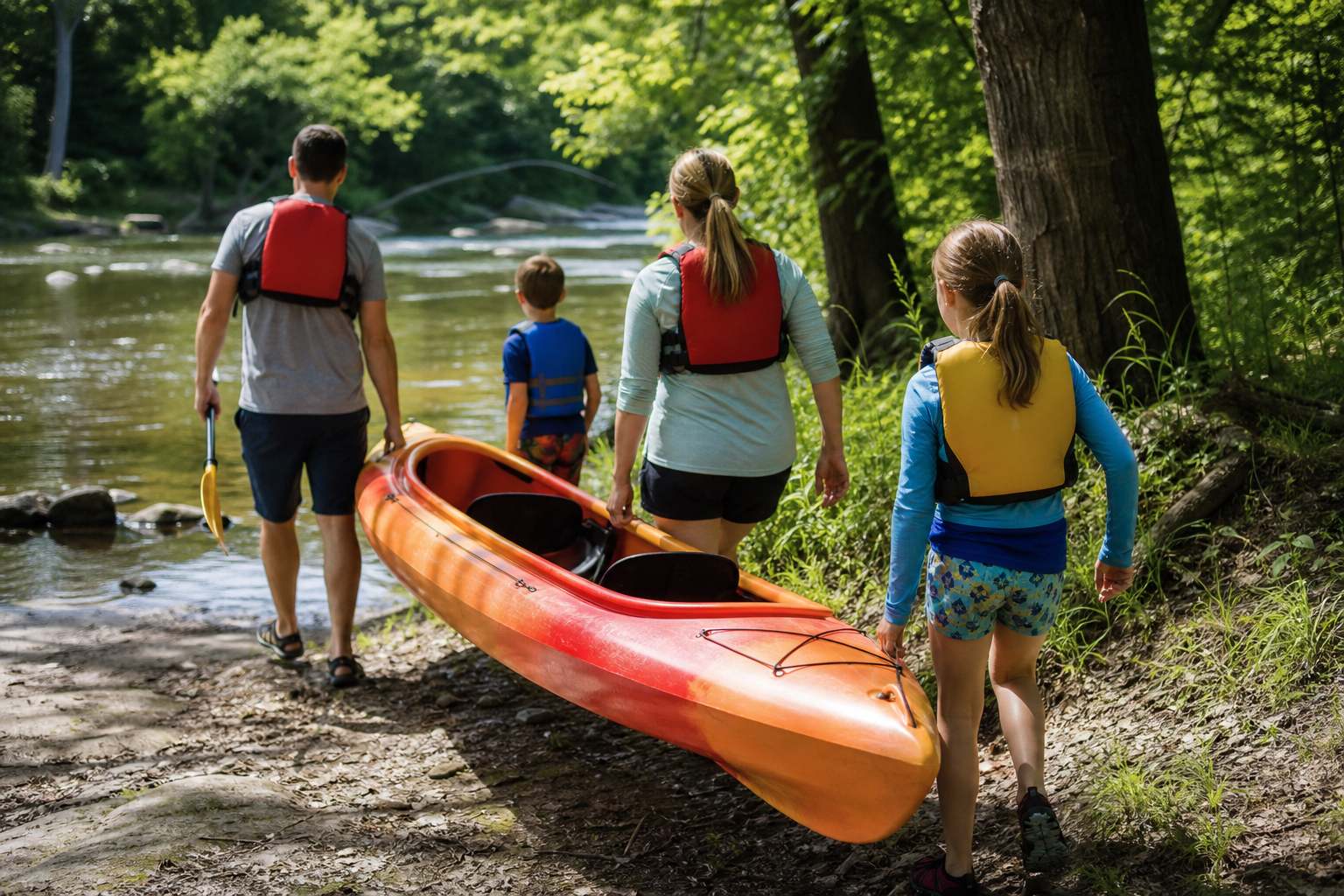 Family carrying a tandem kayak toward the river launch point for a day float trip