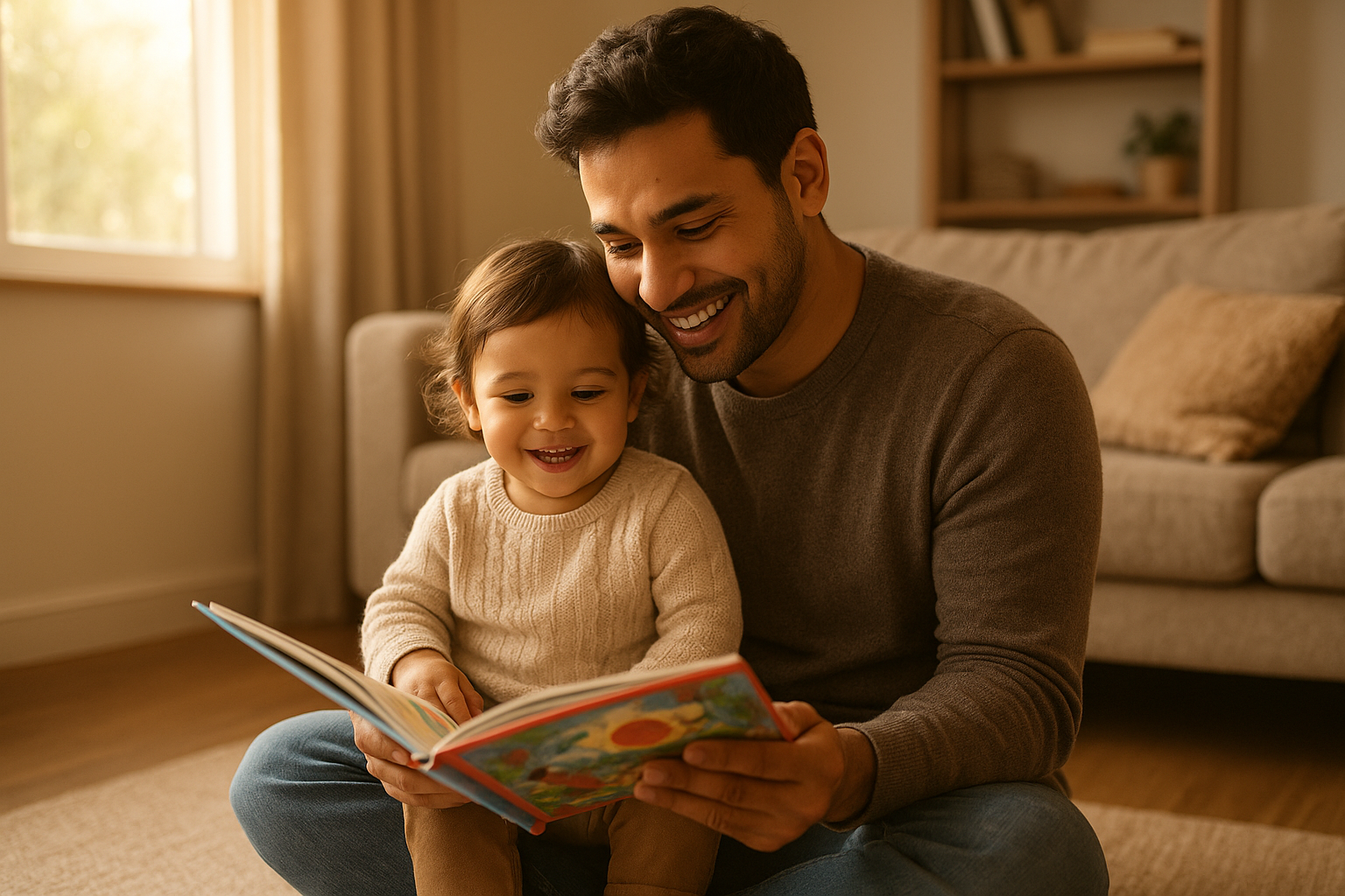 Parent reading an interactive story with a toddler to support speech and language development at home