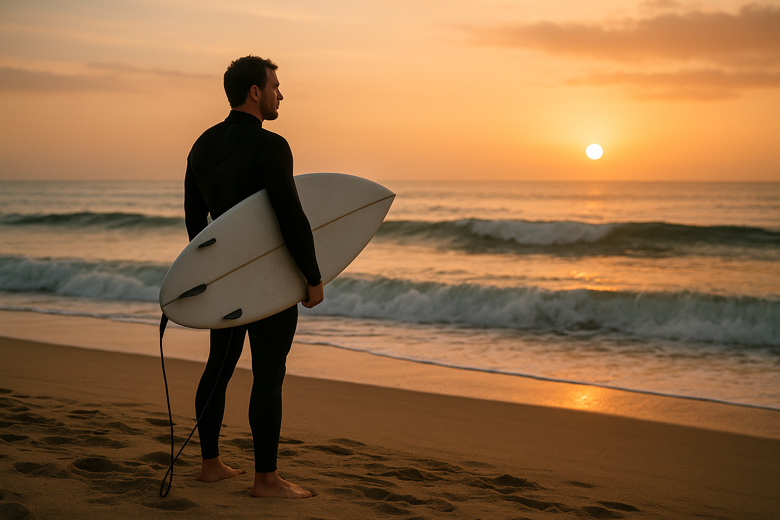 Adult surfer reviewing ocean conditions as part of surf safety tips for adults before paddling out