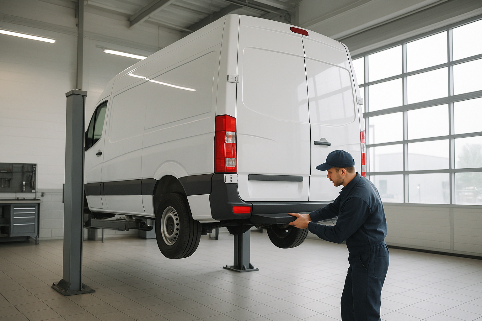 Technician inspecting a fleet vehicle during fleet auto body repair services Brea appointment