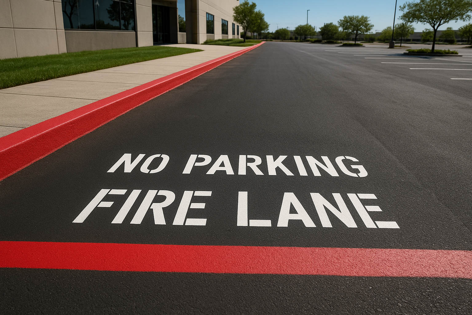Fire lane striping detail showing red curb paint and NO PARKING FIRE LANE stencil on commercial asphalt