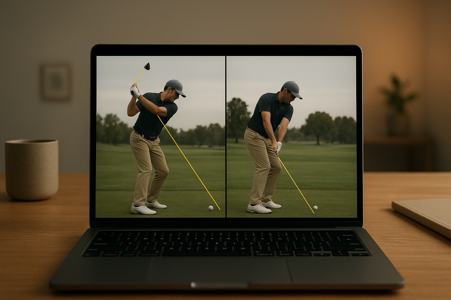 Laptop screen showing split-screen swing video used in remote golf instruction