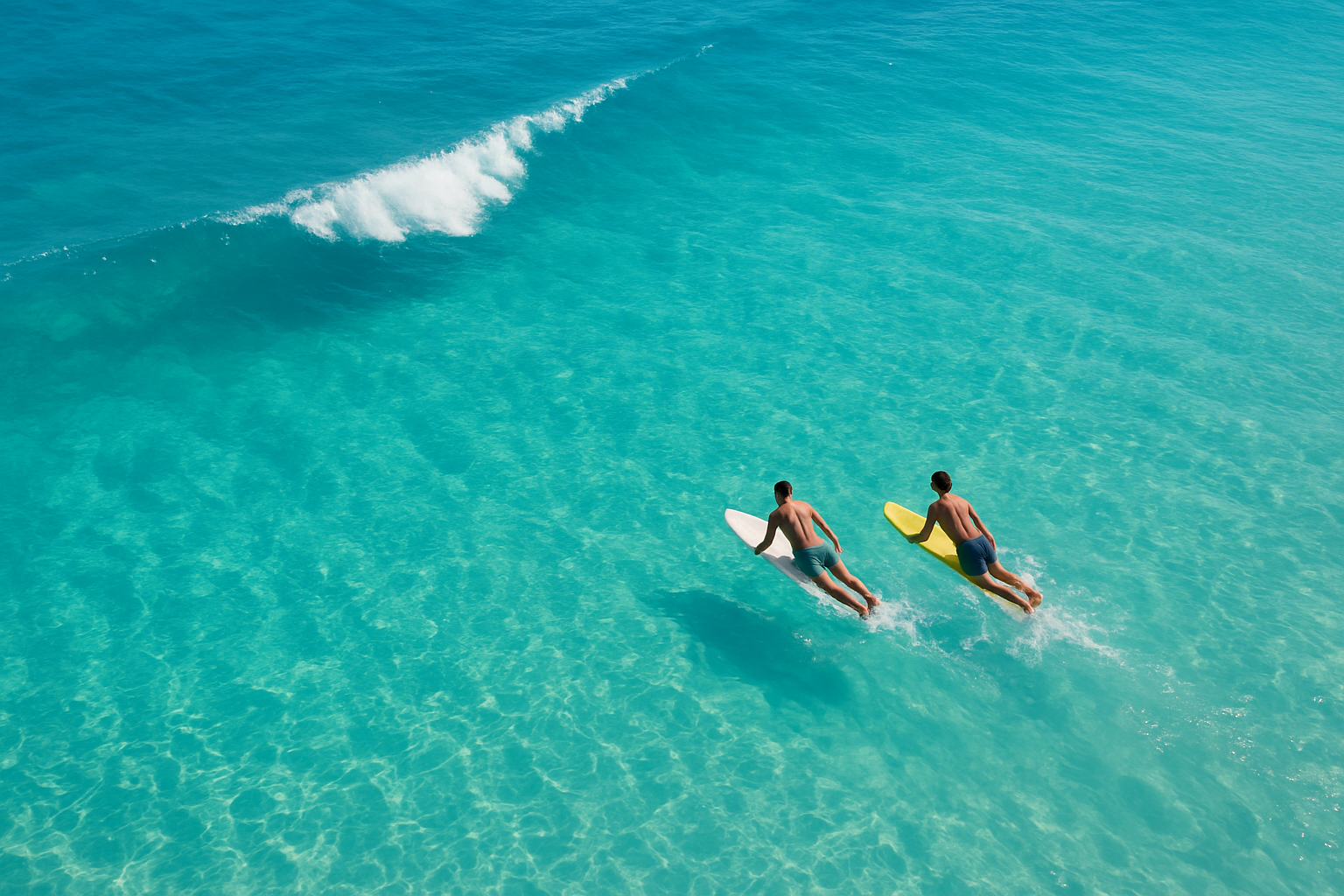 Two athletic beginners paddling out together during a surf class session