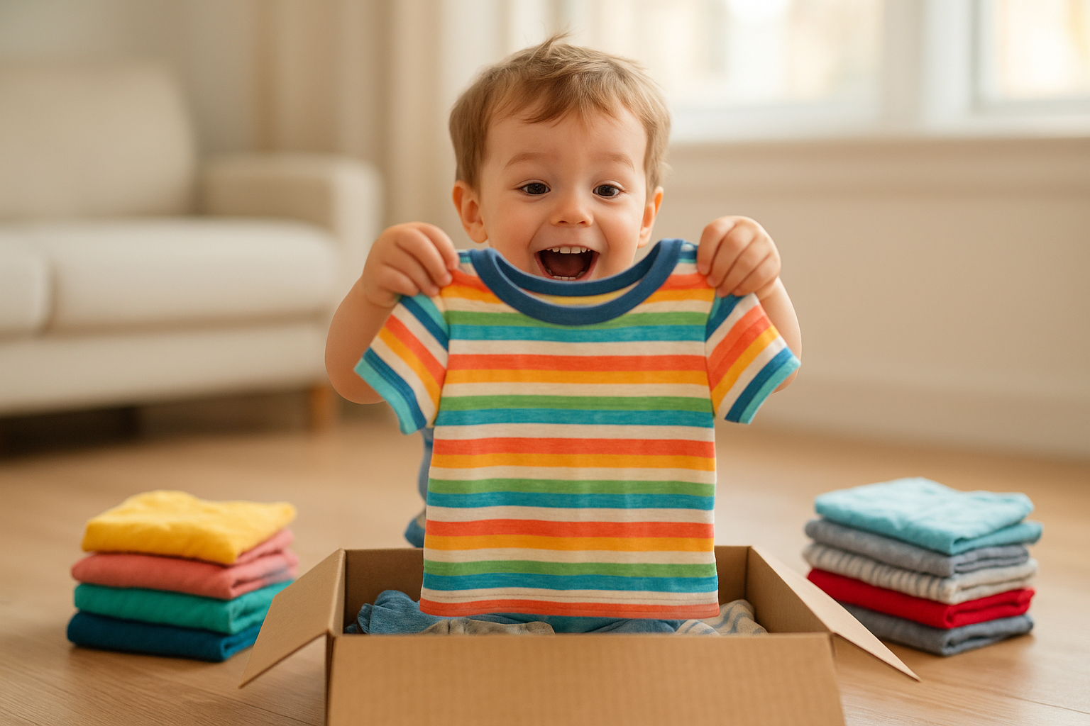 toddler happily discovering new clothes from a children's clothing subscription delivery
