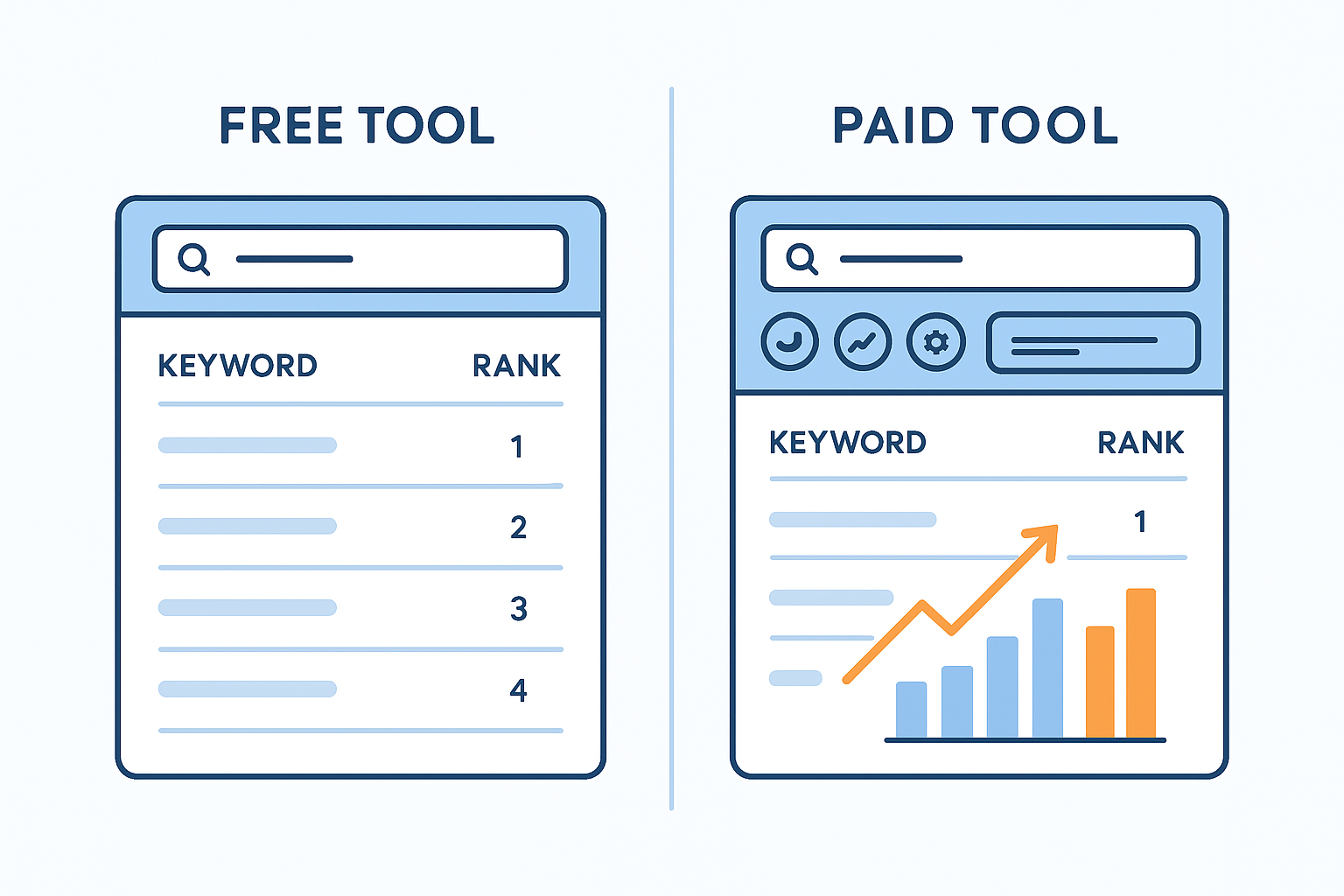 Comparison of free and paid google keyword position checker tools showing feature differences