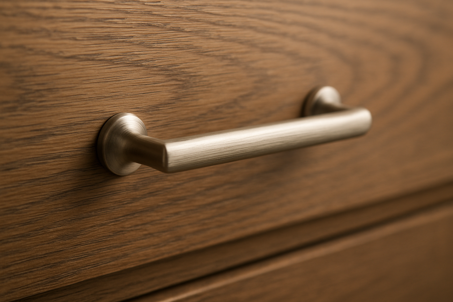Close-up of new cabinet hardware and finish used in a budget-friendly kitchen renovation