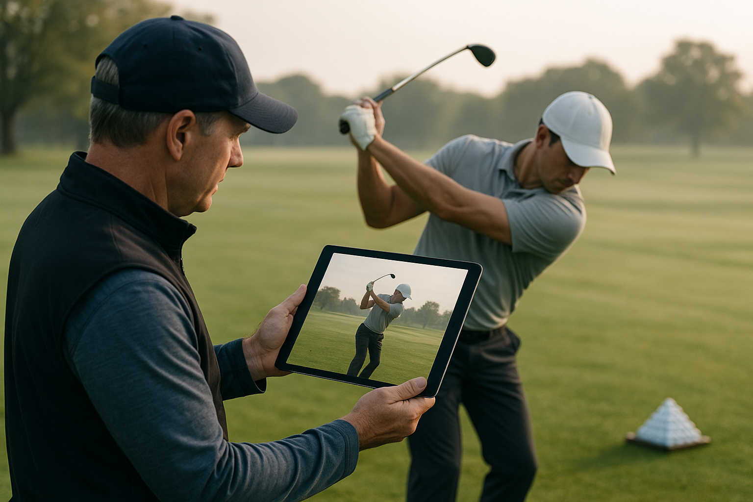 Coach demonstrating what is kinesiology in golf coaching using video swing analysis