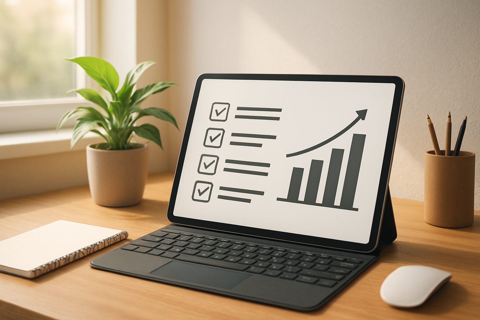 Simplified checklist and rising performance chart representing efficient SEO workflow results