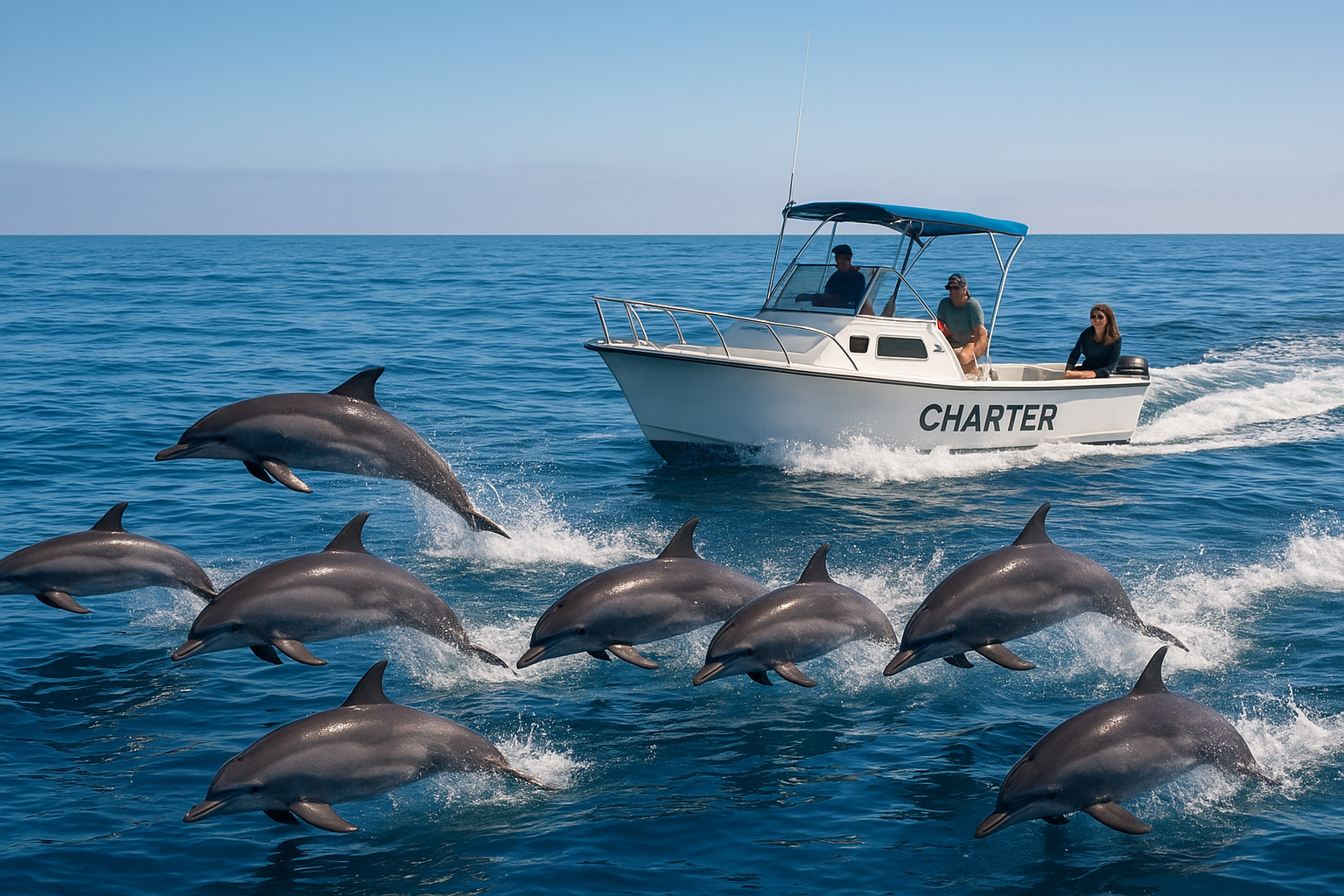 Dolphins leaping near a small charter boat during a San Diego wildlife tour