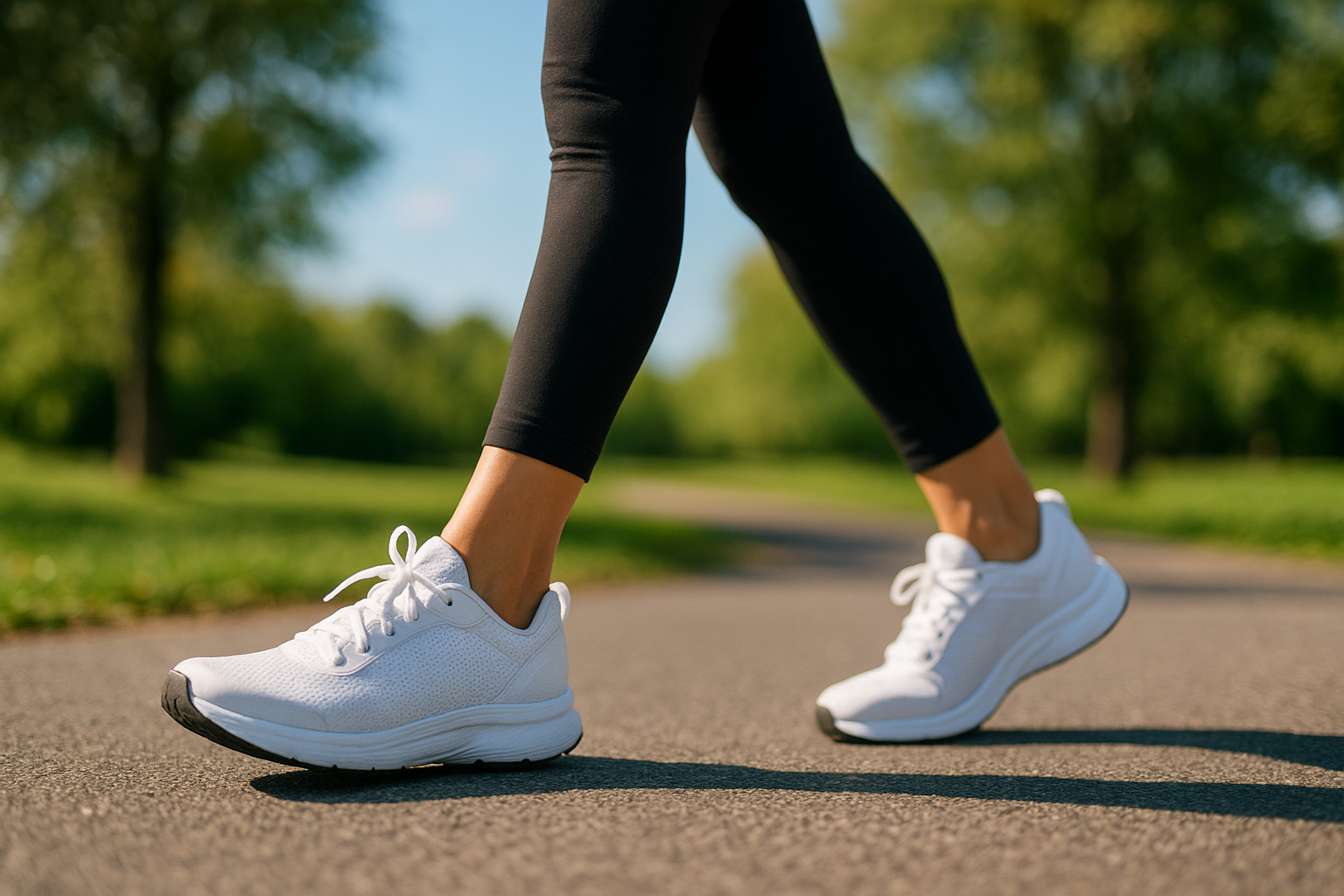 Person walking comfortably outdoors wearing shoes with supportive insoles