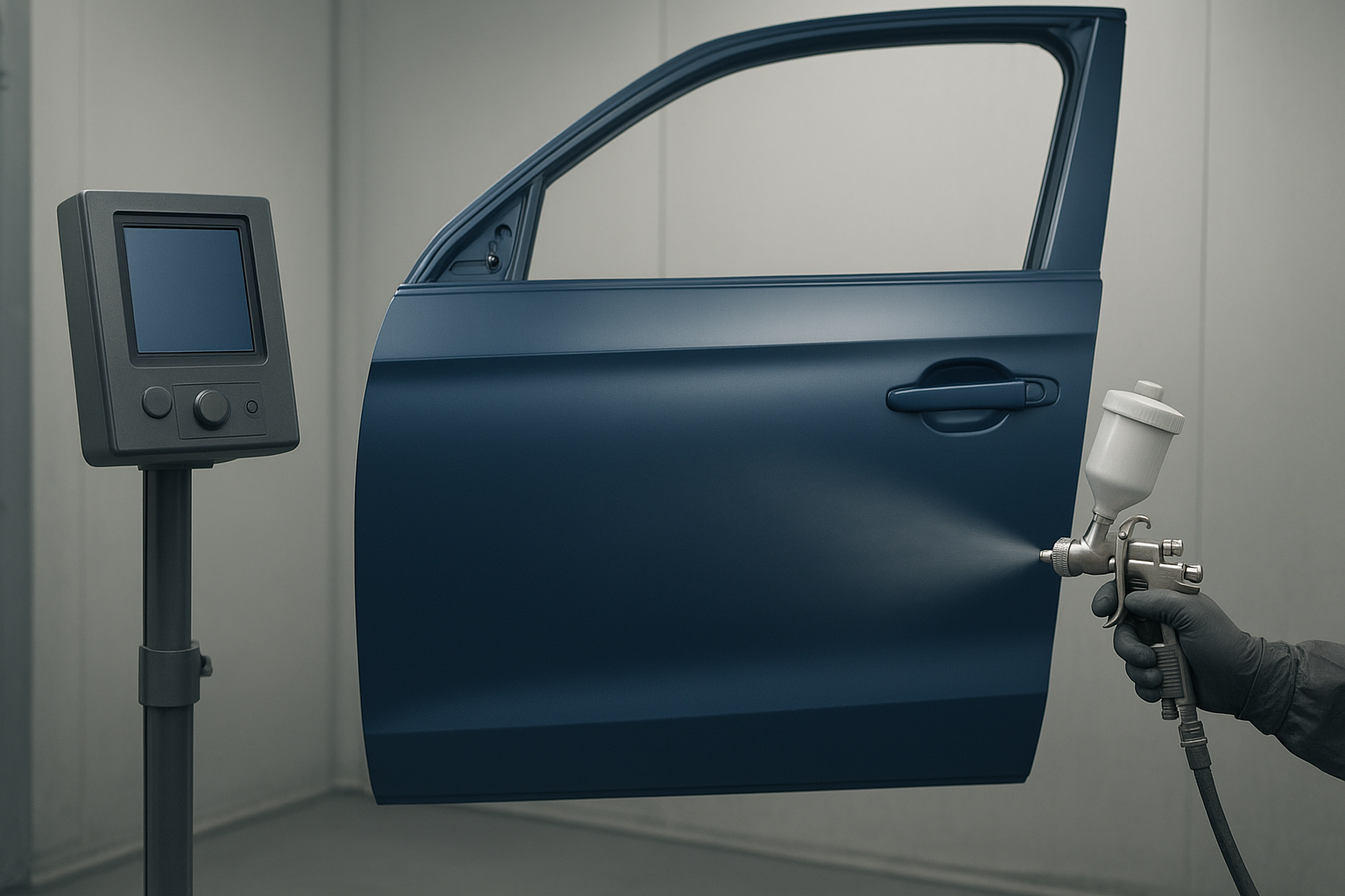 Paint booth used for factory color matching during auto body restoration