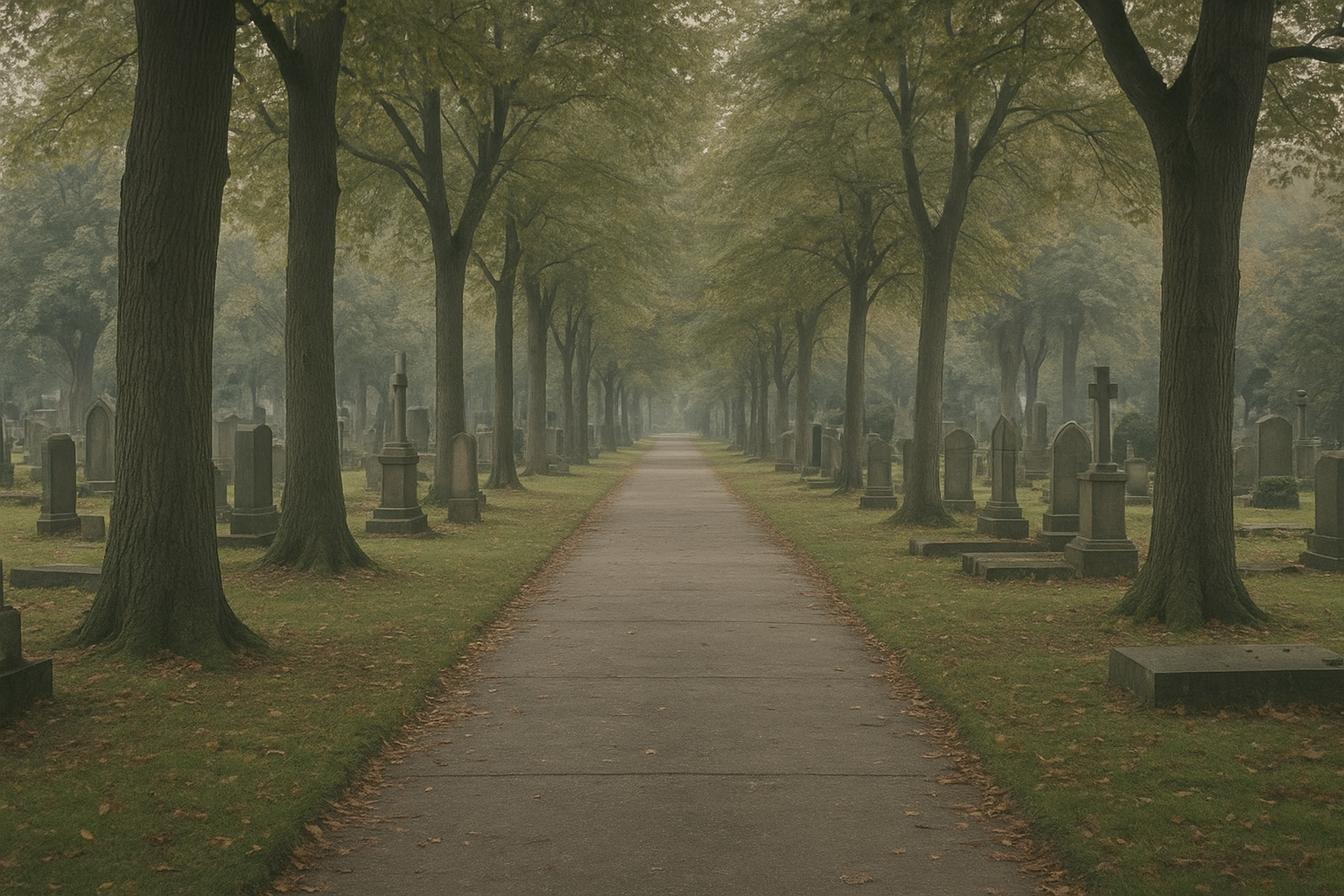 Quiet tree-lined cemetery pathway representing the final stop of a funeral transport procession