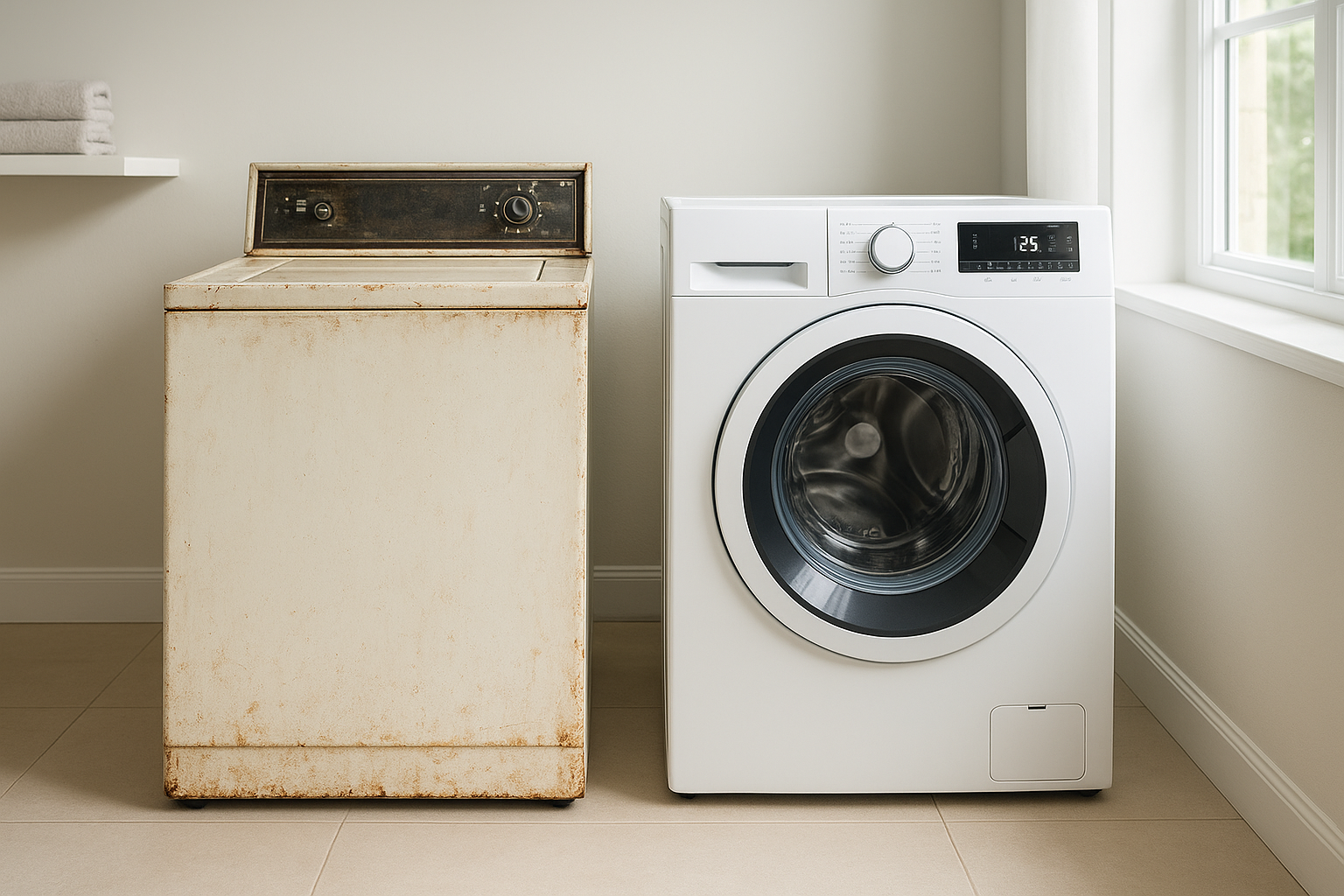 Comparison of an older washing machine and a newer model representing the repair versus replace decision