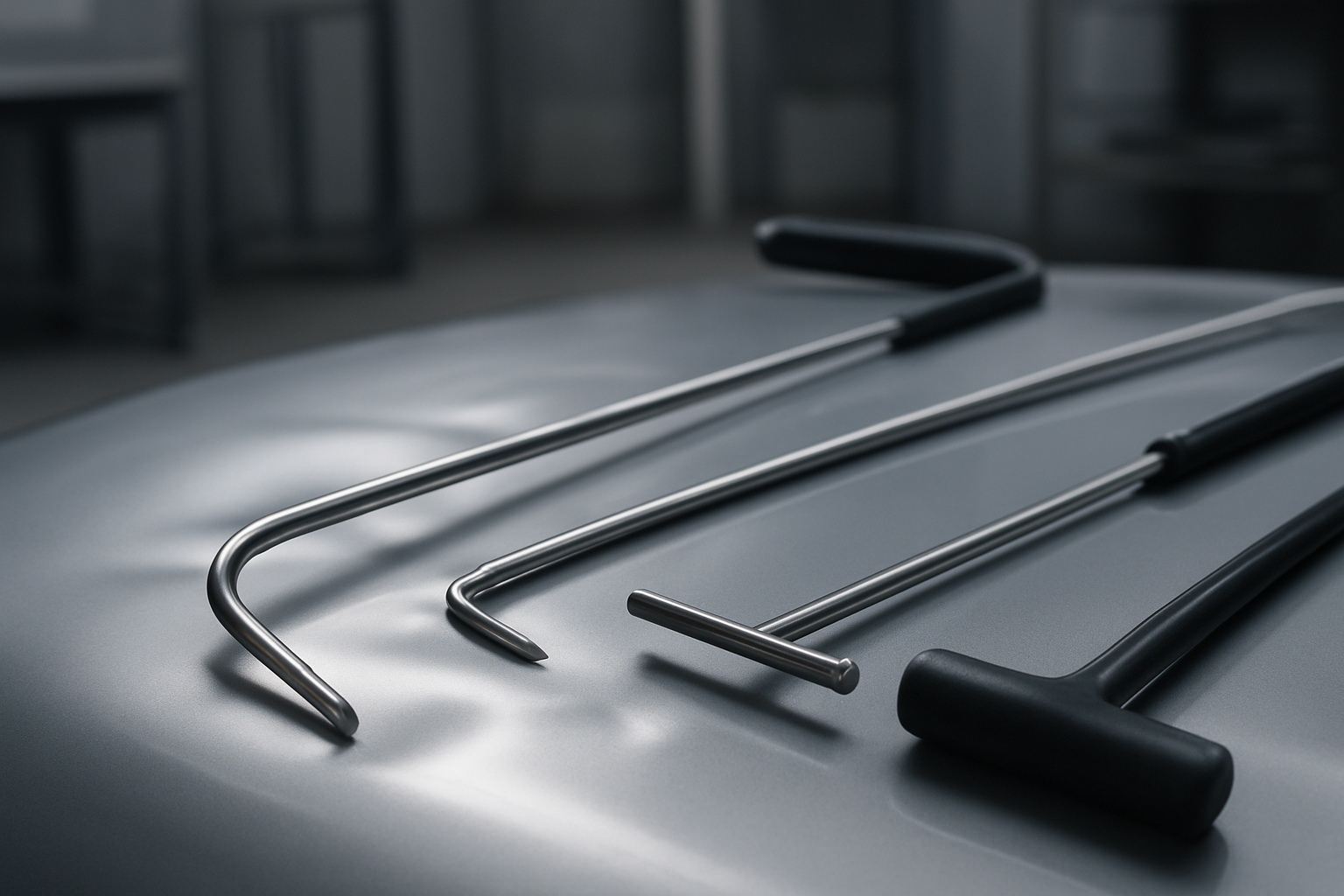 Close-up of precision dent removal tools used during auto body repair