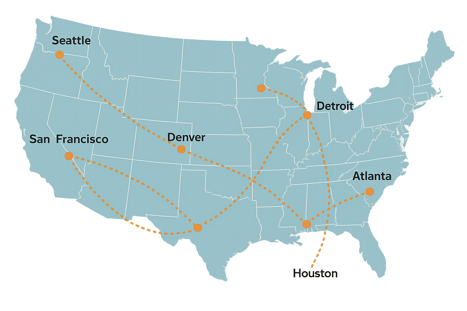 Map illustrating LTL freight shipping routes and terminal coverage across the United States
