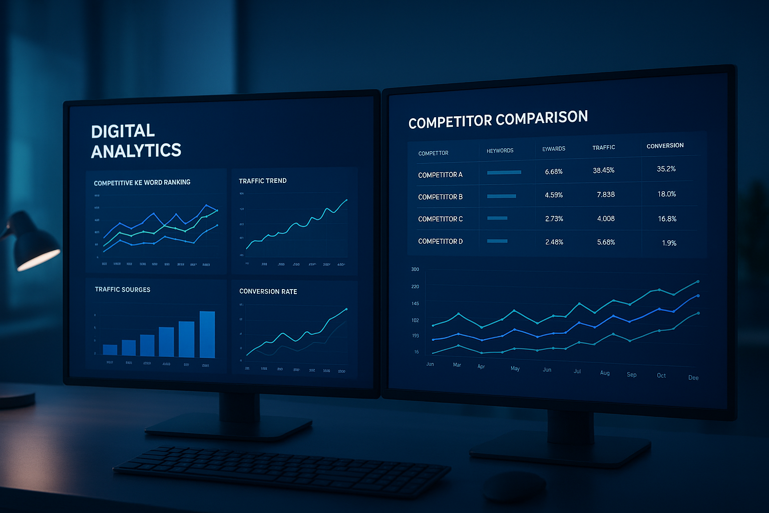 Competitive SEO tools dashboard showing keyword rankings and competitor traffic analysis