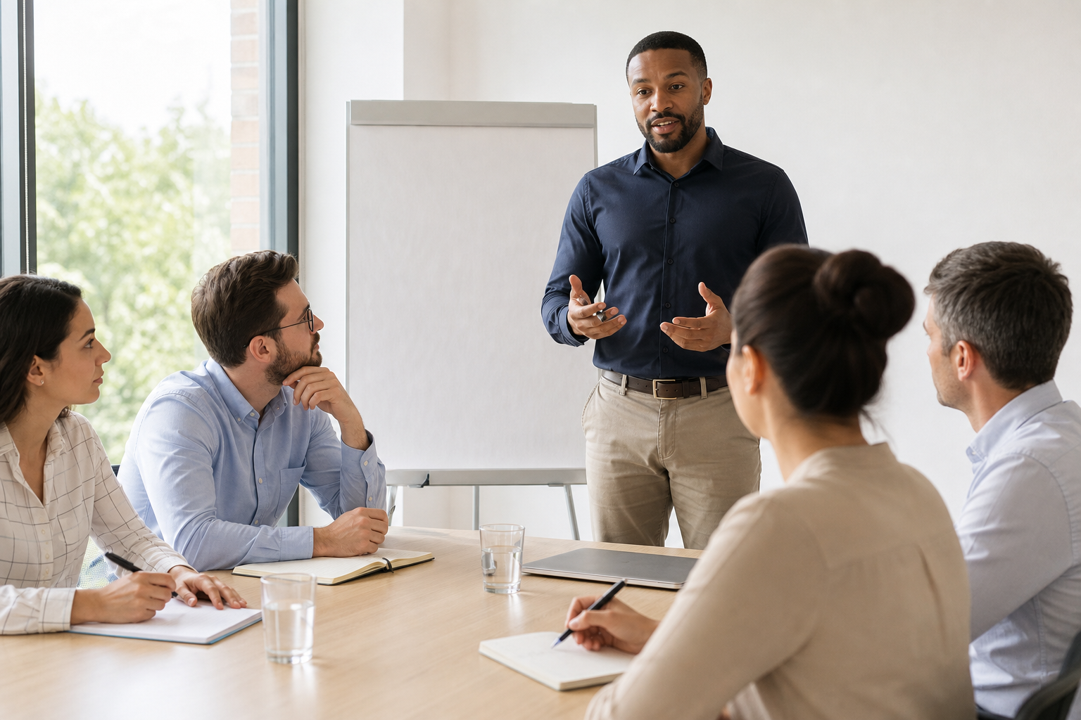 Manager leading a workplace training session guided by HR compliance consulting