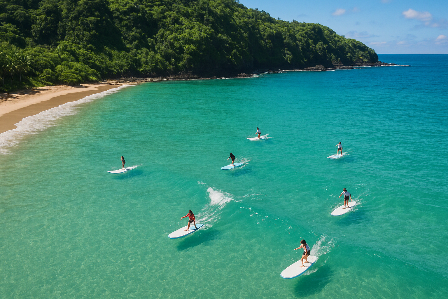 Aerial view of beginners on foam boards during a Hawaii surf lesson in calm turquoise water