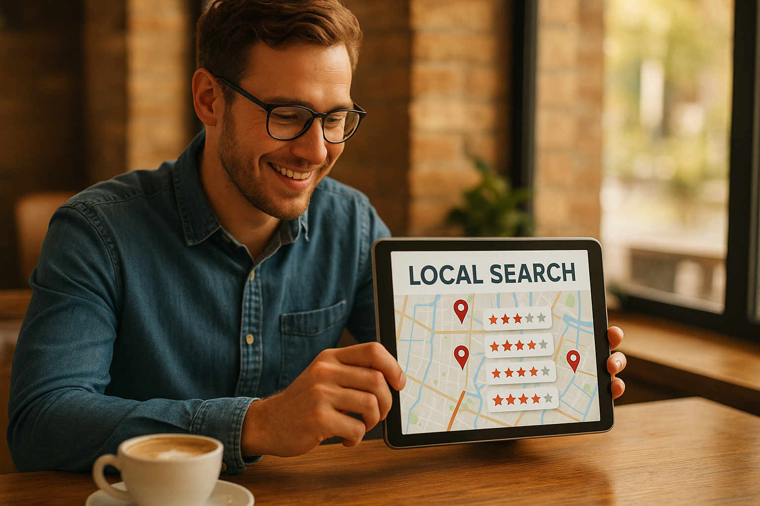 Small business owner using local SEO automation tools to monitor Google map rankings on a tablet