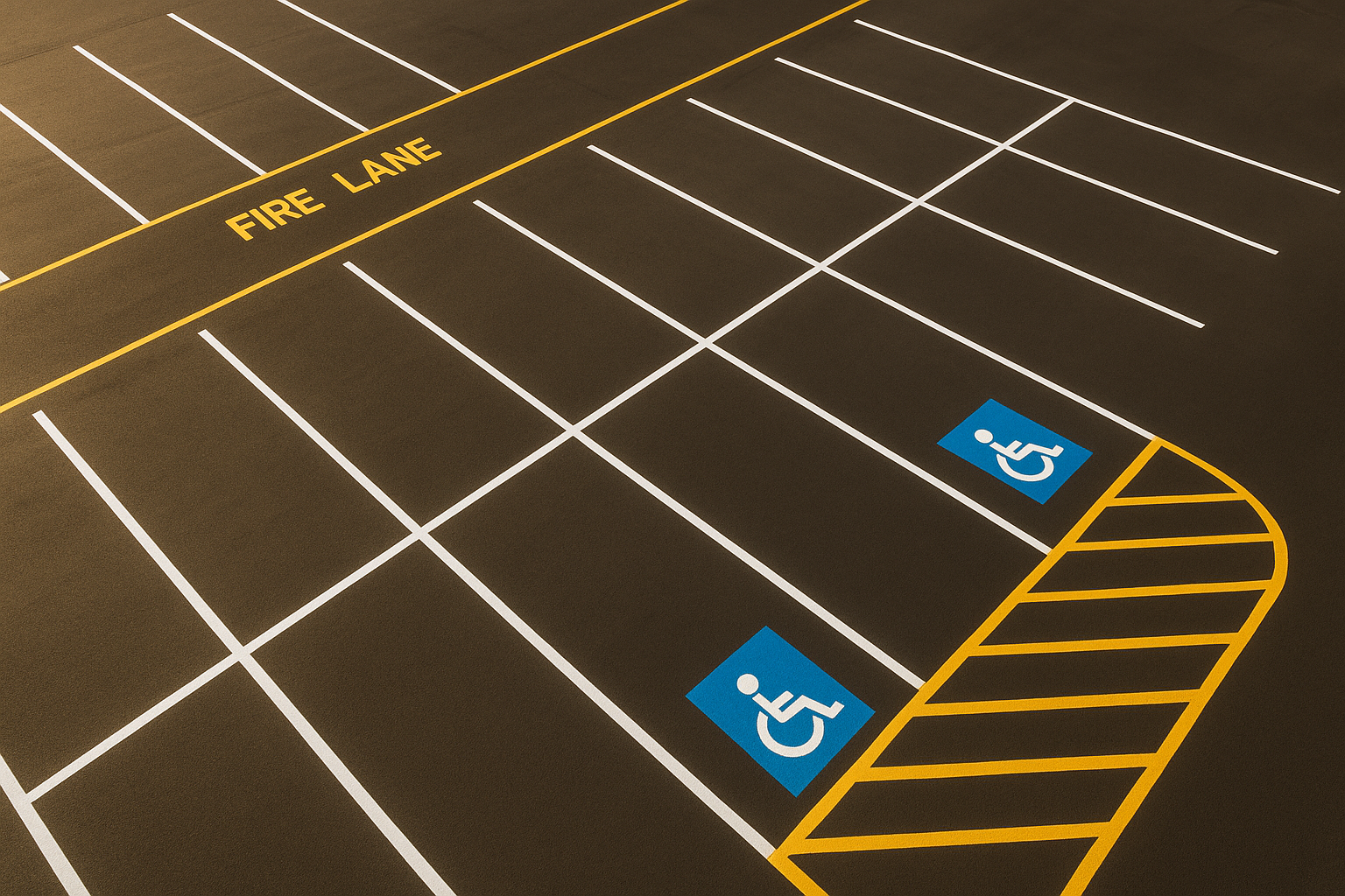 Aerial view of a freshly striped parking lot with highway striping inc style markings including ADA spaces and fire lanes