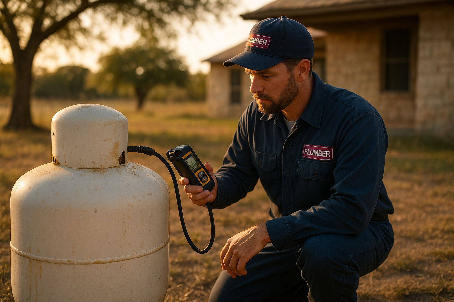A05df5b9_lp-gas-leak-detection-kaufman-county Plumber performing LP gas leak detection Kaufman County inspection on a propane tank