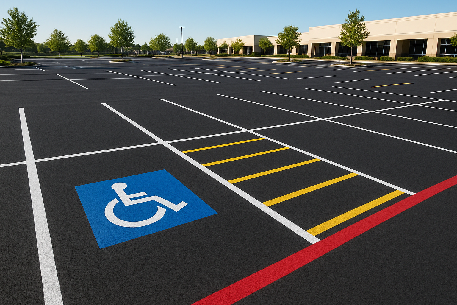 Freshly striped commercial parking lot completed by a Plano TX striping company