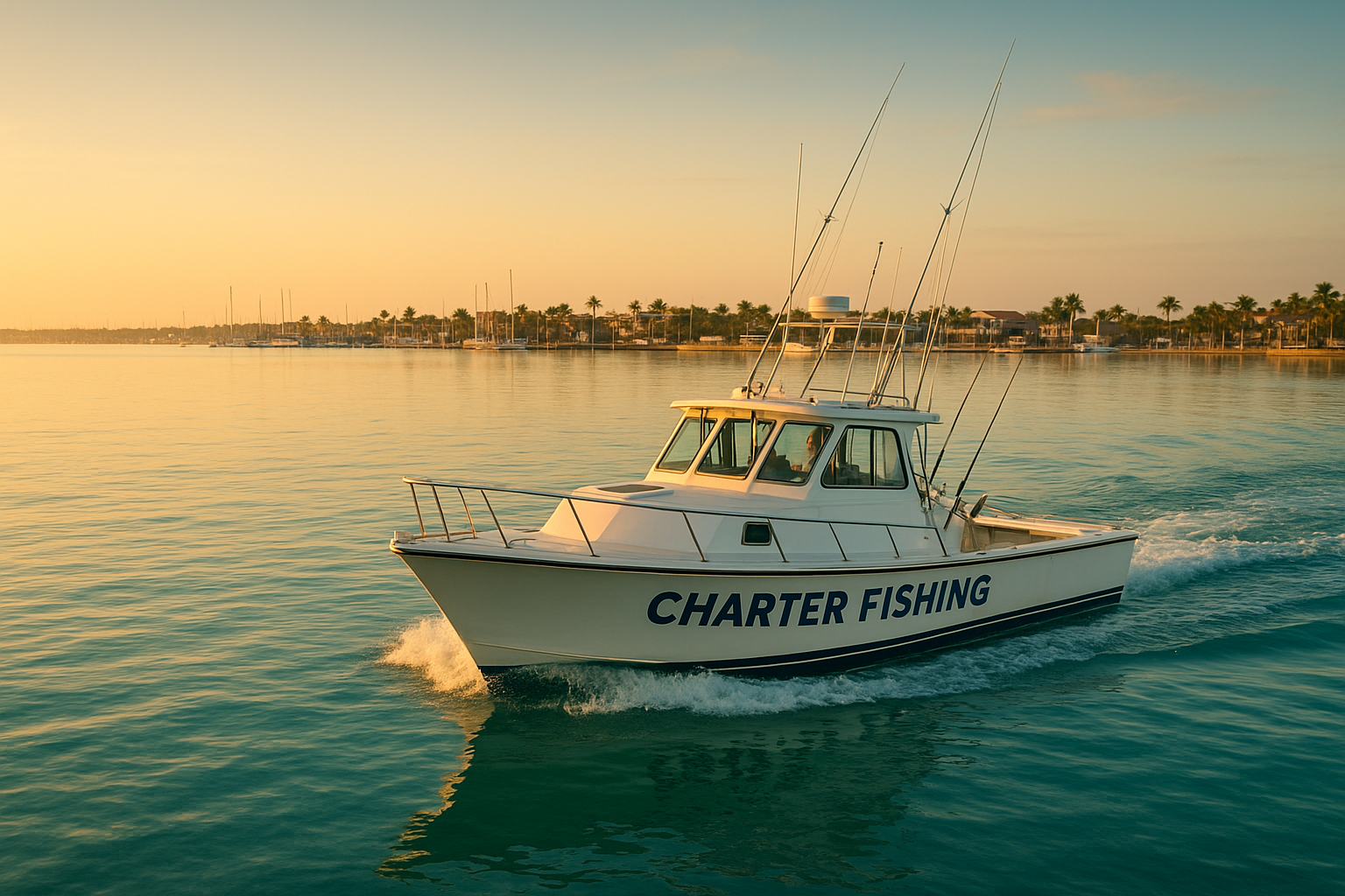 Charter boat departing the dock for Myrtle Beach boat fishing tours at sunrise