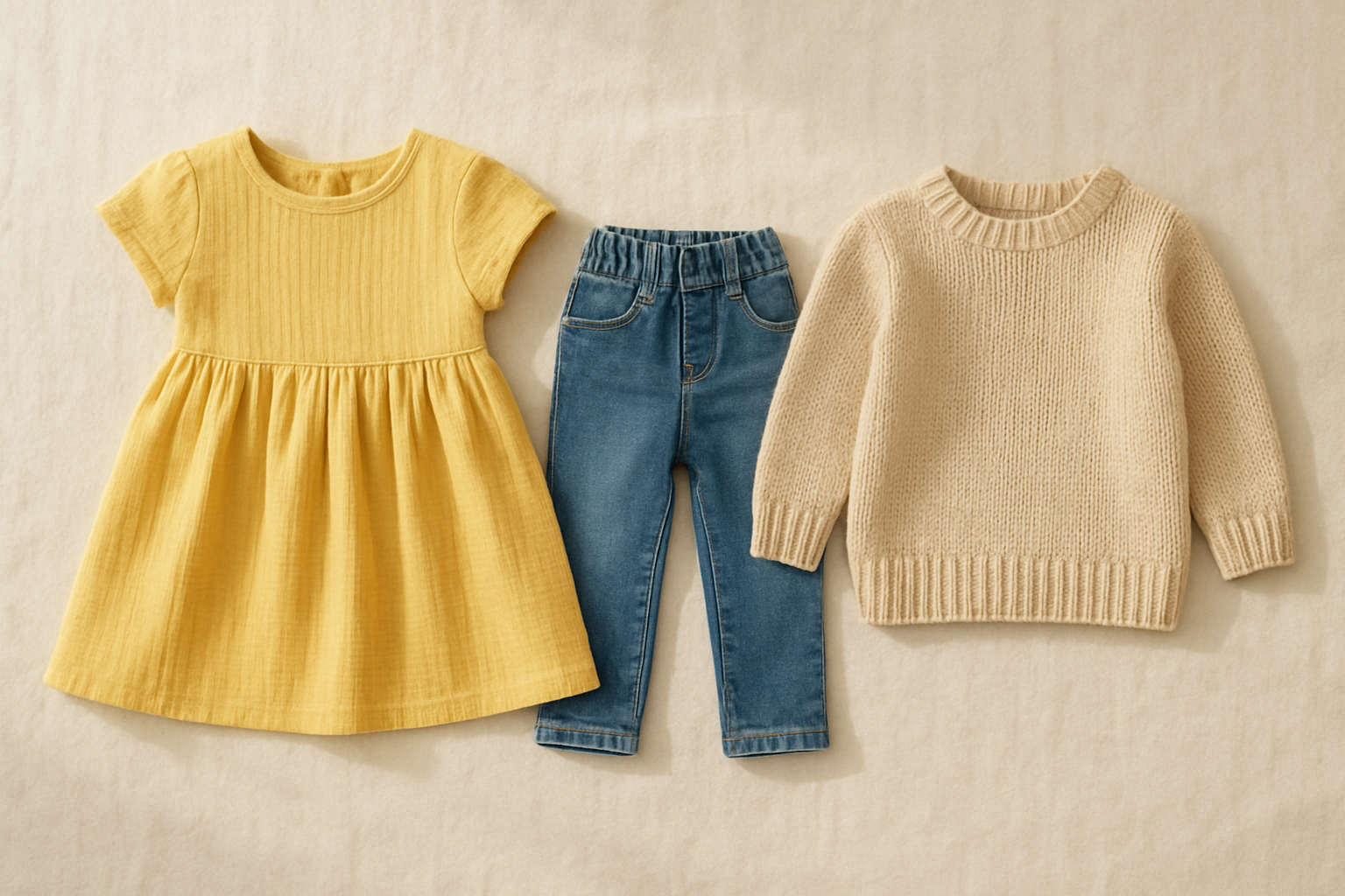Flat lay of brand name kids clothing rental pieces including a dress, jeans, and sweater on cream background