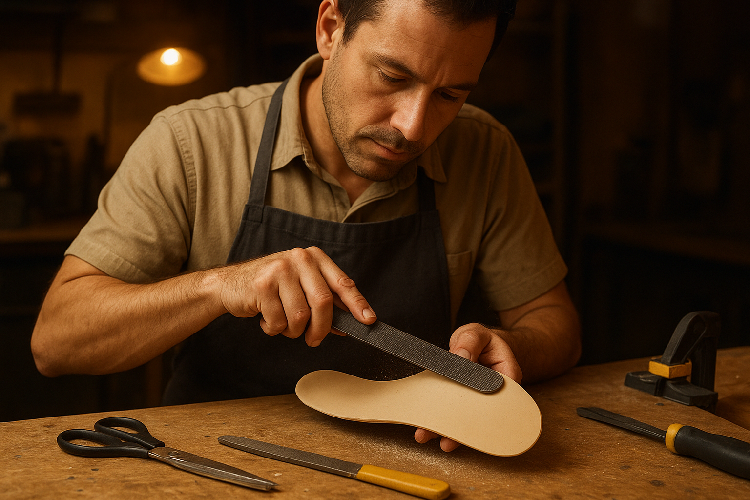 Lab technician fabricating a custom orthotic shell from a foot mold