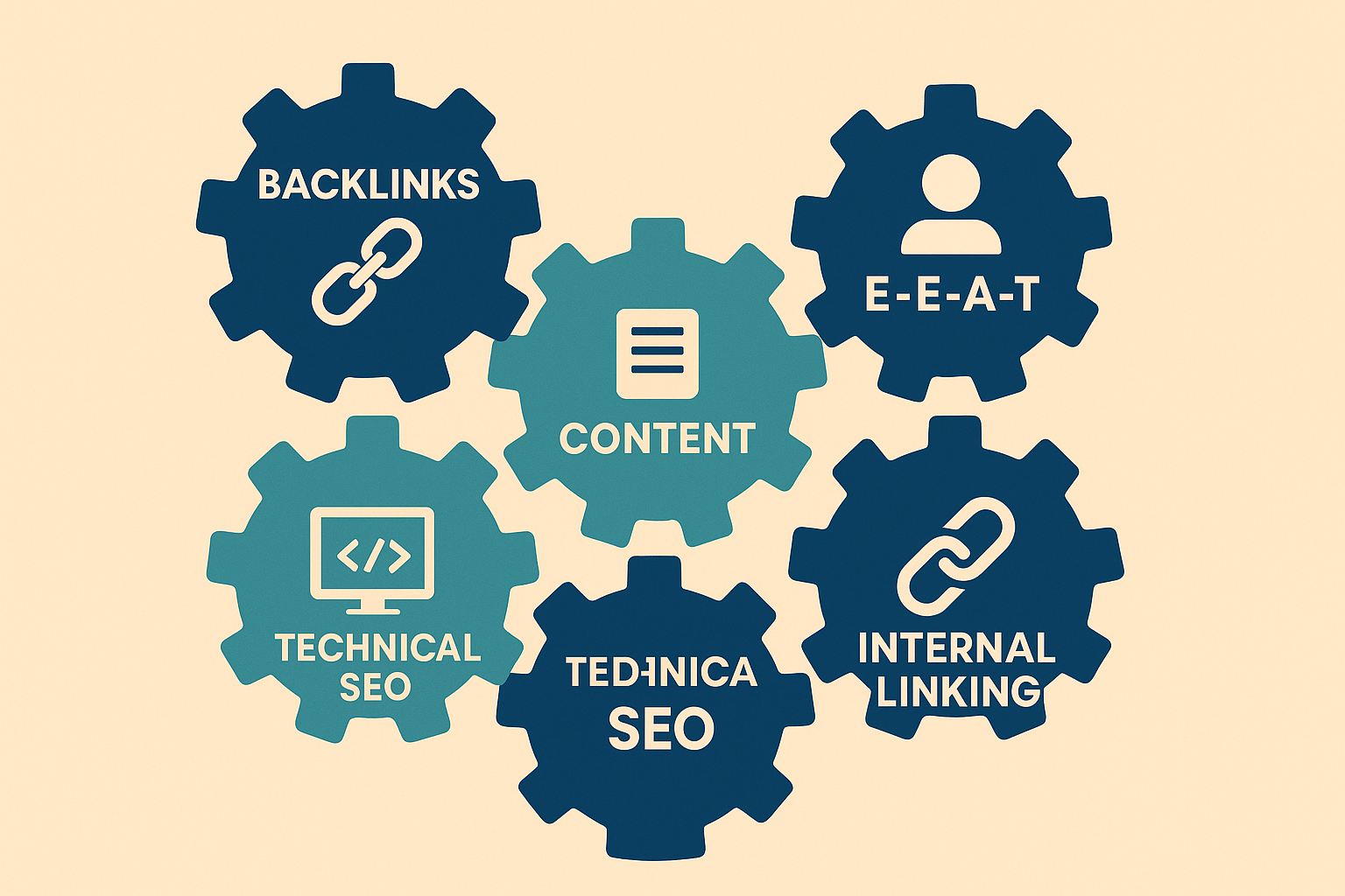 five interconnected gears representing the key components of building authority ranking in SEO