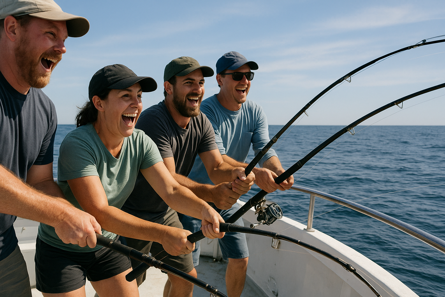 Anglers working together to reel in a fish during a full-day offshore charter trip