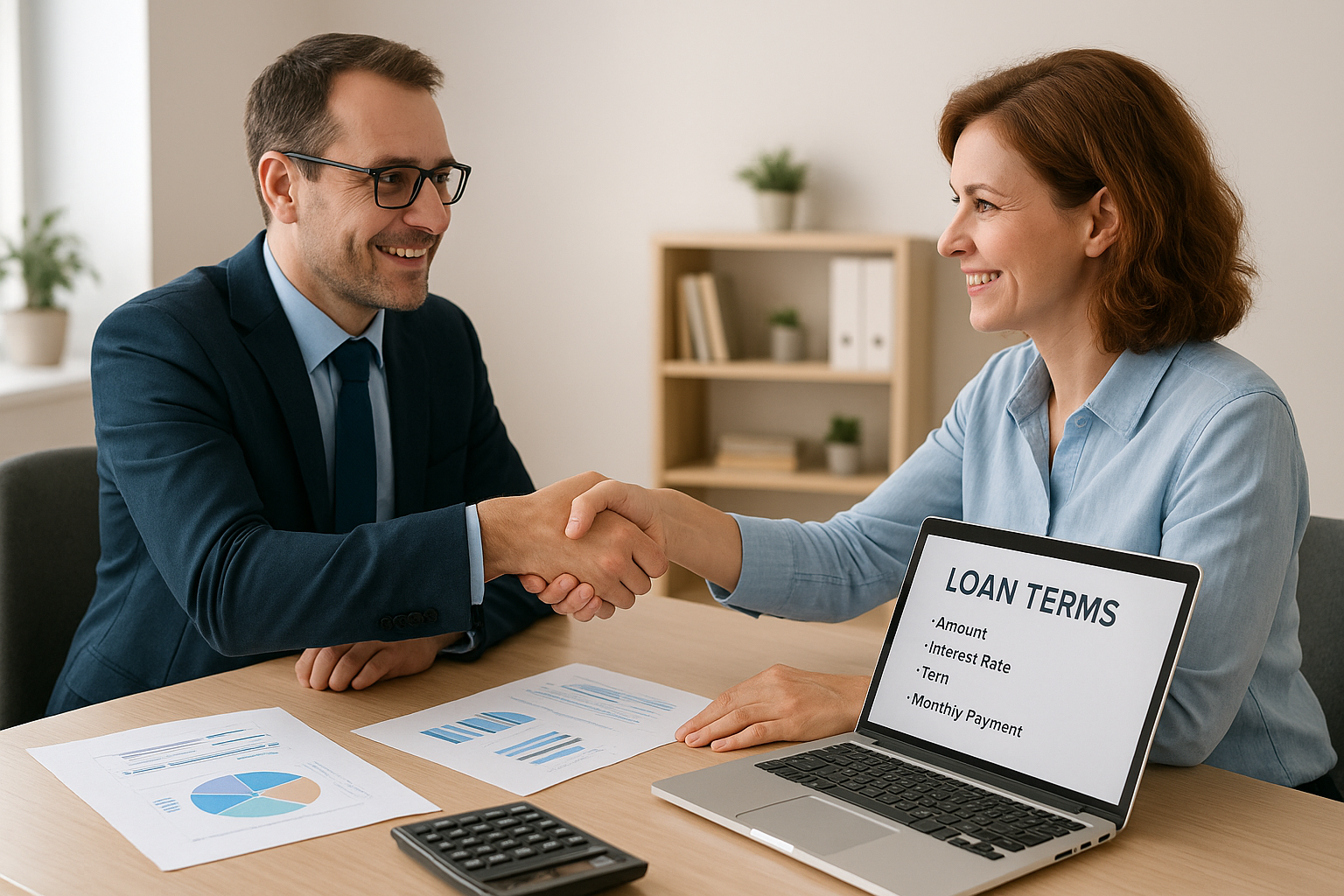 Financial advisor explaining a business term loan agreement to a company owner