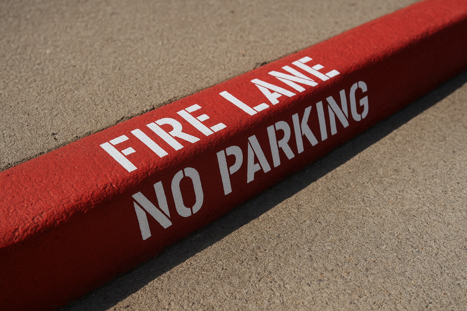 Close-up of stenciled fire lane no parking curb lettering on commercial property