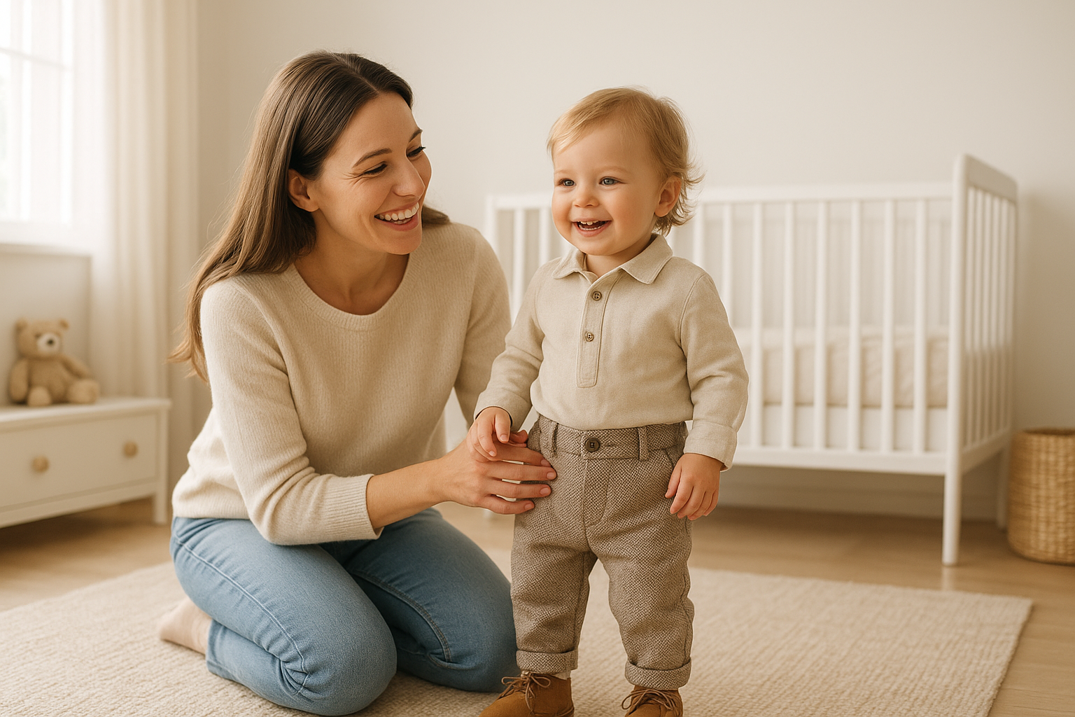 Mother and toddler enjoying affordable luxury kids fashion in a bright modern nursery setting
