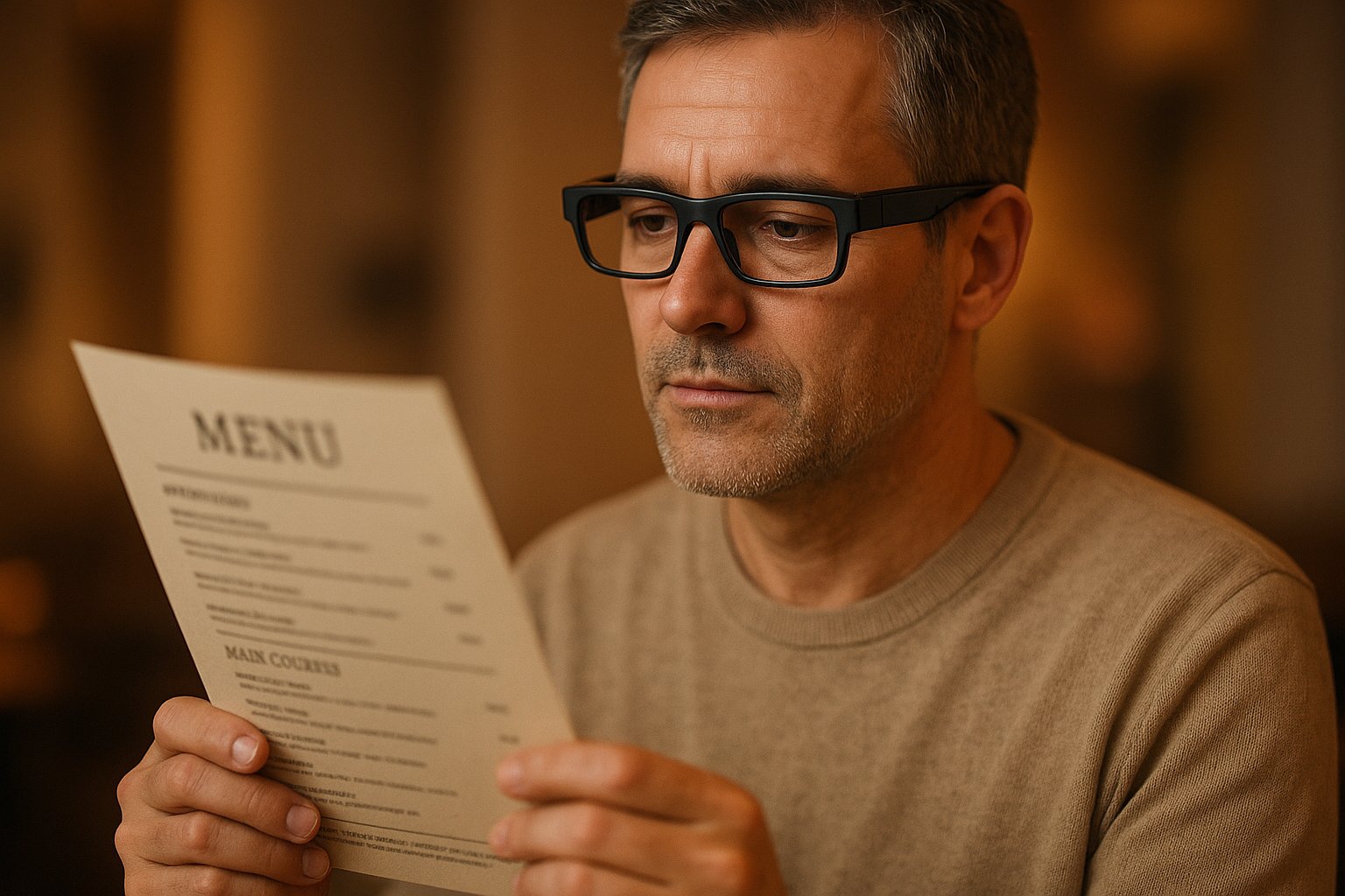 Person wearing AI glasses for low vision reading a printed restaurant menu