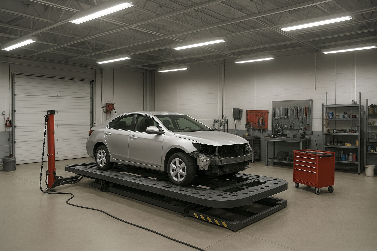 Professional auto body shop interior with frame straightening bench and collision repair equipment