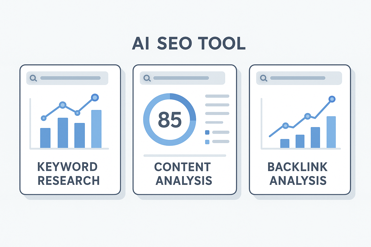 Comparison of AI-powered SEO tools showing keyword research, content scoring, and backlink analysis features