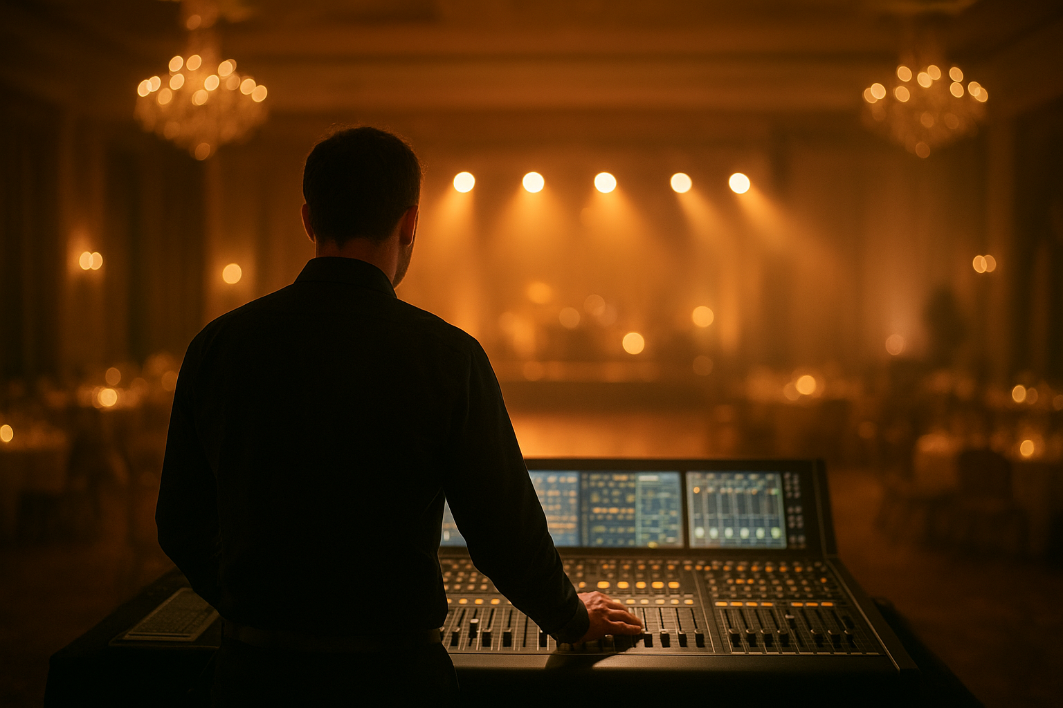 Sound engineer operating a mixing console as part of event audio-visual management at a wedding reception