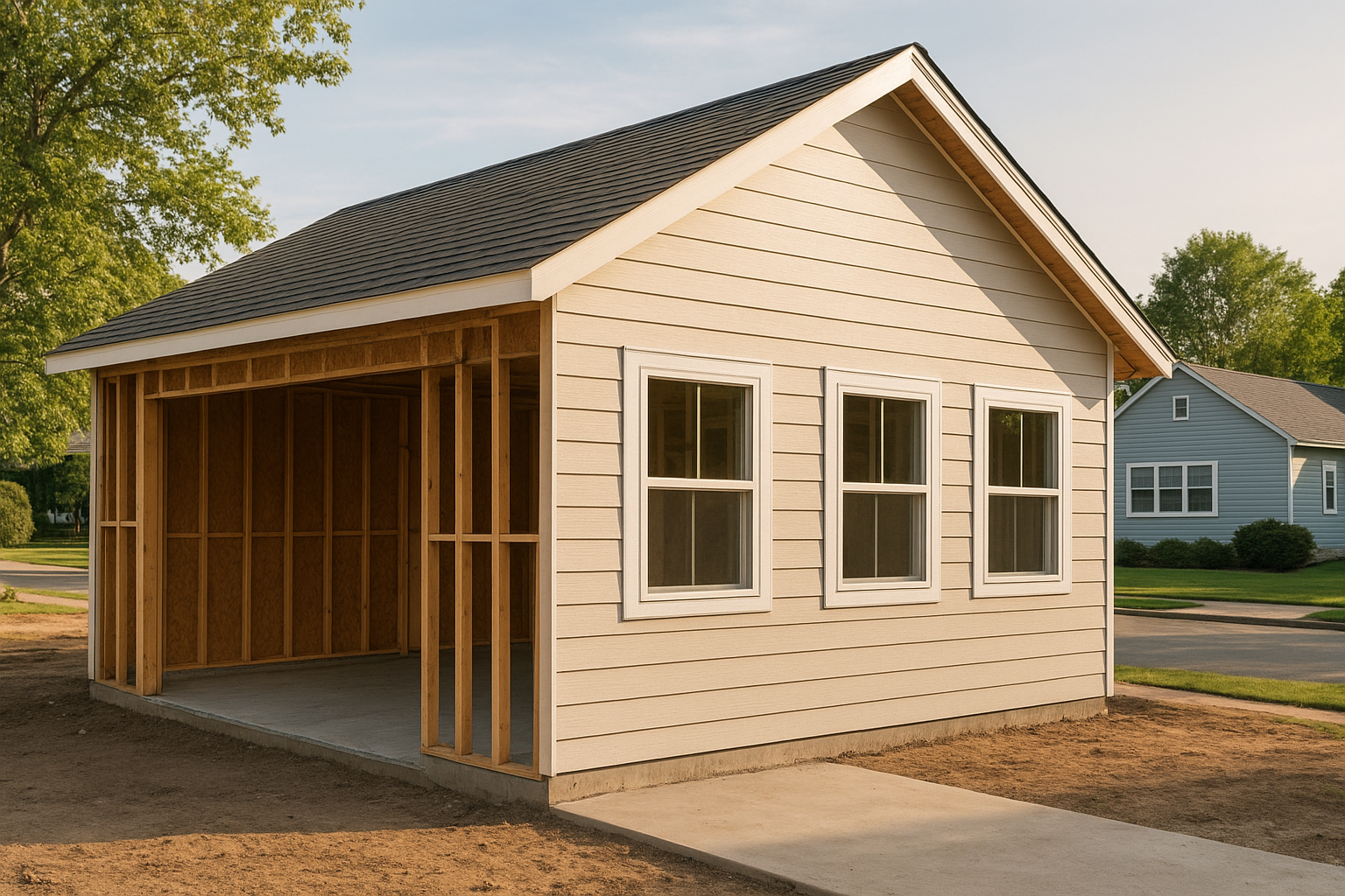 Detached garage undergoing a garage ADU conversion into a livable unit