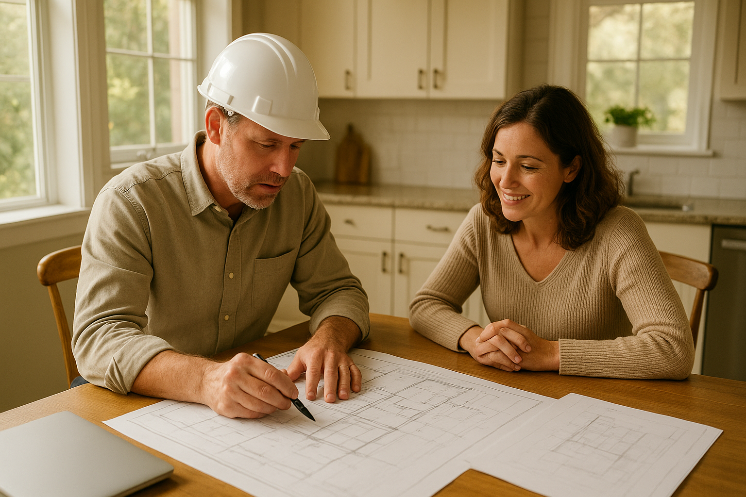 Contractor and homeowner reviewing plans for a living space addition project
